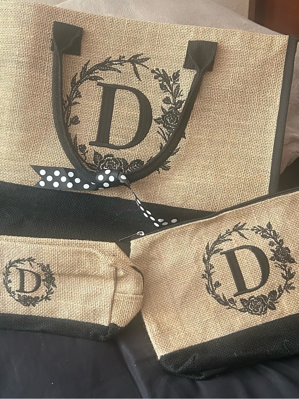 Monogram 'D' Burlap Tote and Pouches Set in Natural and Black